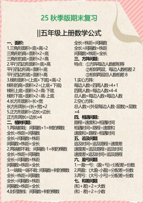 【2025秋新版】五年级上册必备数学公式-免费学习资料下载 - 开学吧