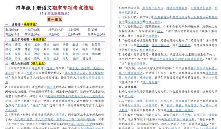 【15页高清完整版】四（下）语文1-8单元期末专项考点梳理-免费学习资料下载 - 开学吧