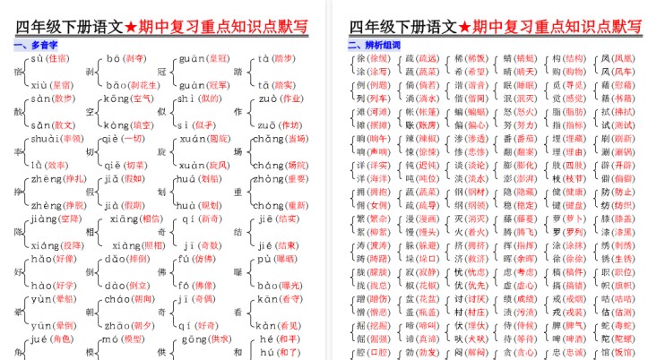 【10页高清完整版】四下语文【期中复习重点知识点默写】-免费学习资料下载 - 开学吧