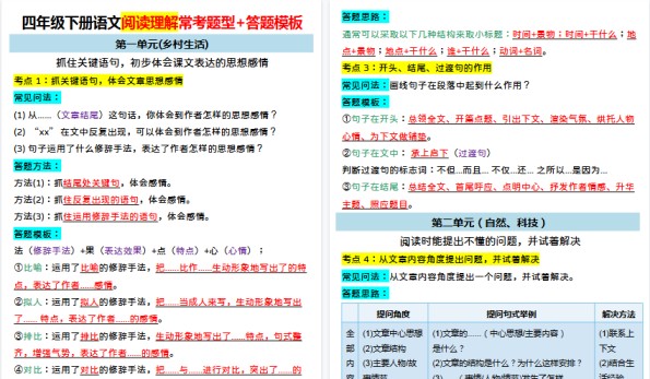 【11页高清完整版】四年级下册语文阅读理解-免费学习资料下载 - 开学吧
