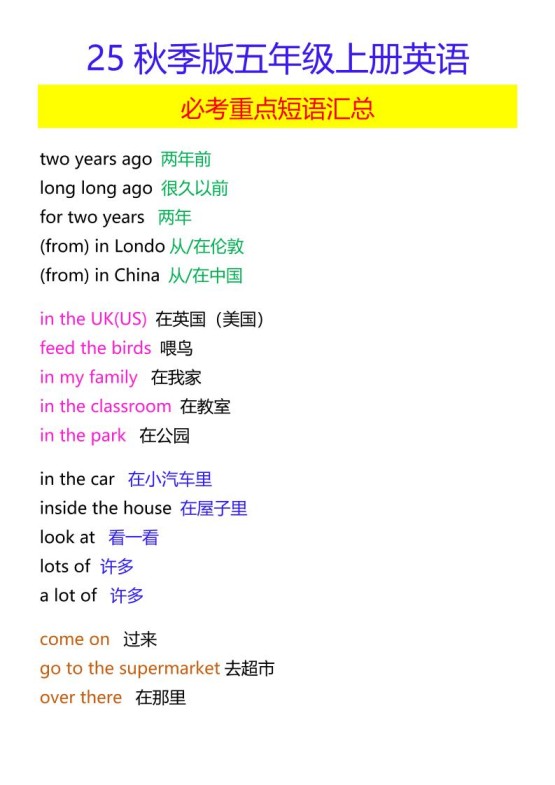 【2025秋新版】五年级上册英语必考重点短语汇总-免费学习资料下载 - 开学吧