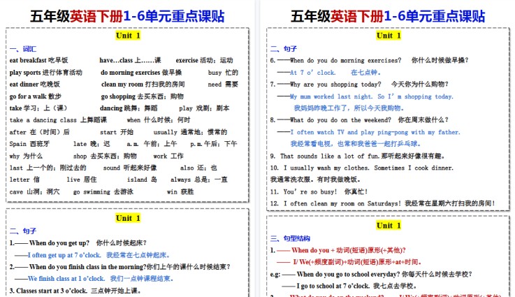 【11页高清完整版】五年级下册英语课贴【人教版】-免费学习资料下载 - 开学吧