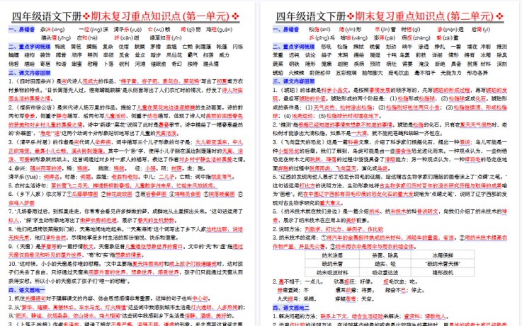 【8页高清完整版】四下语文期末复习1-8单元重点知识点-免费学习资料下载 - 开学吧