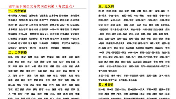 【4页高清完整版】四下语文全册各类词语积累-免费学习资料下载 - 开学吧