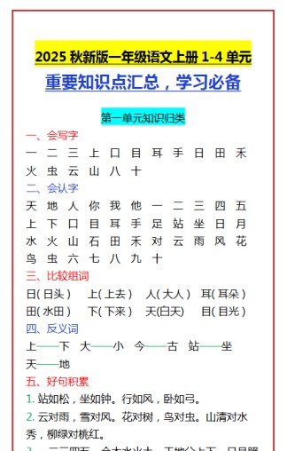 【2025秋新版】一年级语文上册1-4单元 重要知识点汇总，学习必备-免费学习资料下载 - 开学吧