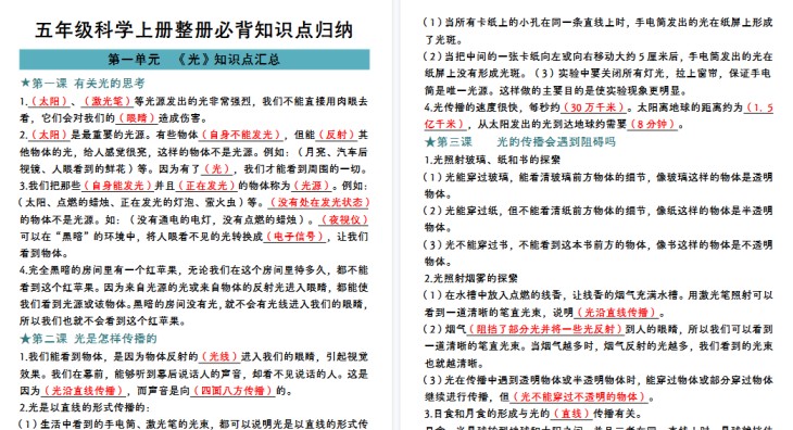 【17页高清完整版】五年级上册科学教科版必背知识点归纳-免费学习资料下载 - 开学吧