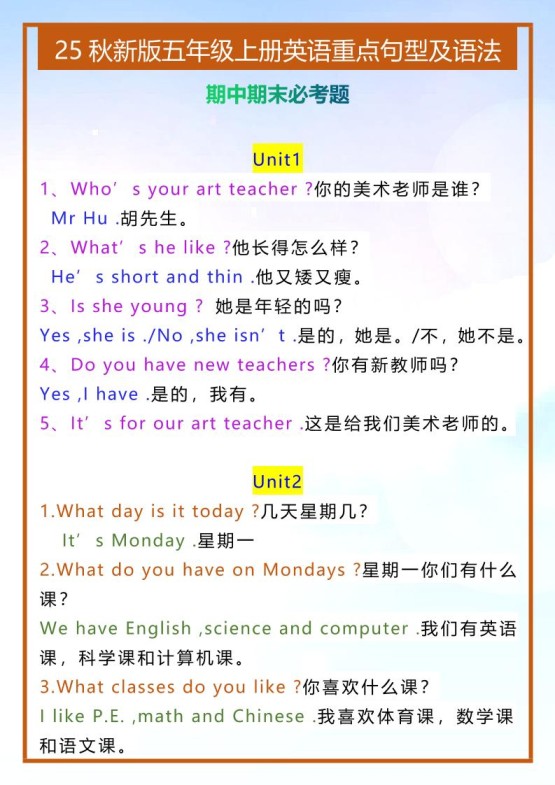【2025秋新版】五年级上册英语重点句型及语法-免费学习资料下载 - 开学吧
