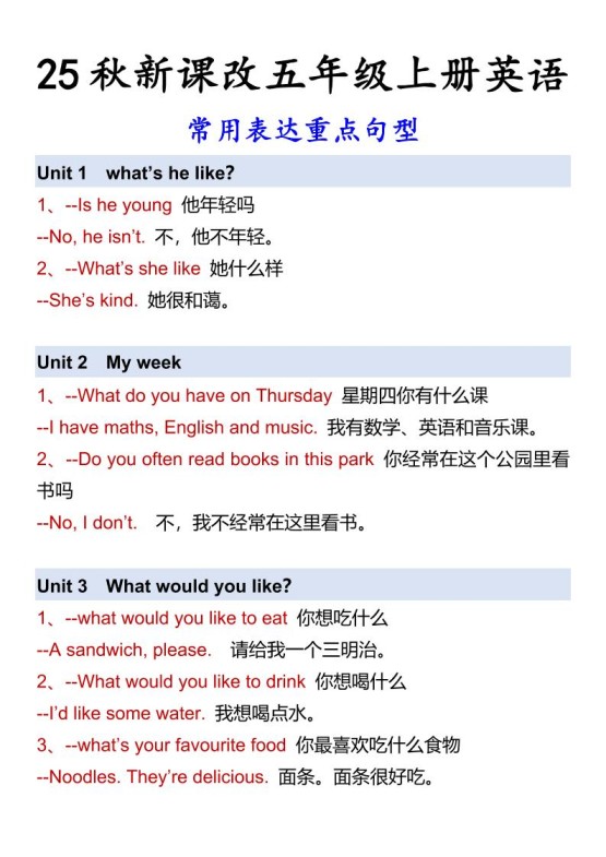 【2025秋新版】五年级上册英语常用表达重点句型-免费学习资料下载 - 开学吧
