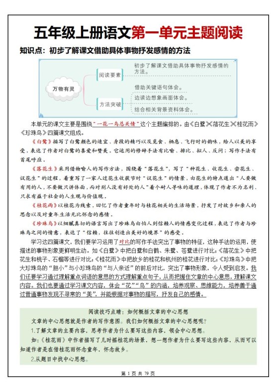 五上语文1-8单元主题阅读理解（含答案79页）-免费学习资料下载 - 开学吧