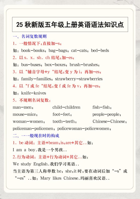 【2025秋新版】五年级上册英语语法知识点-免费学习资料下载 - 开学吧
