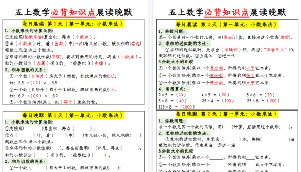 【15页高清完整版】五上数学晨读晚默必背知识点-免费学习资料下载 - 开学吧