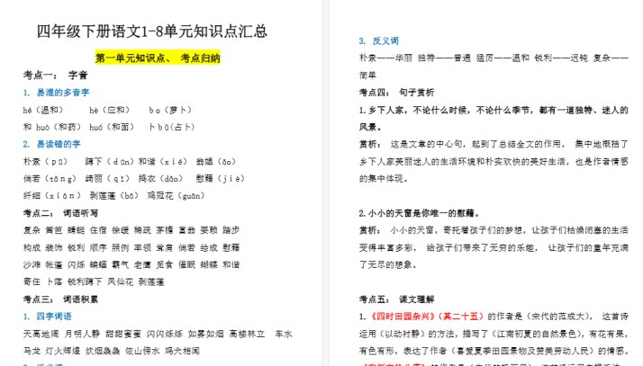 【25页高清完整版】四年级（下）语文1-8单元知识点汇总-免费学习资料下载 - 开学吧