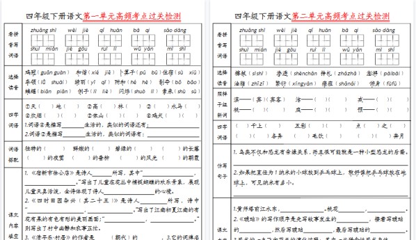 【8页高清完整版】四（下）语文1-8单元高频考点过关检测-免费学习资料下载 - 开学吧