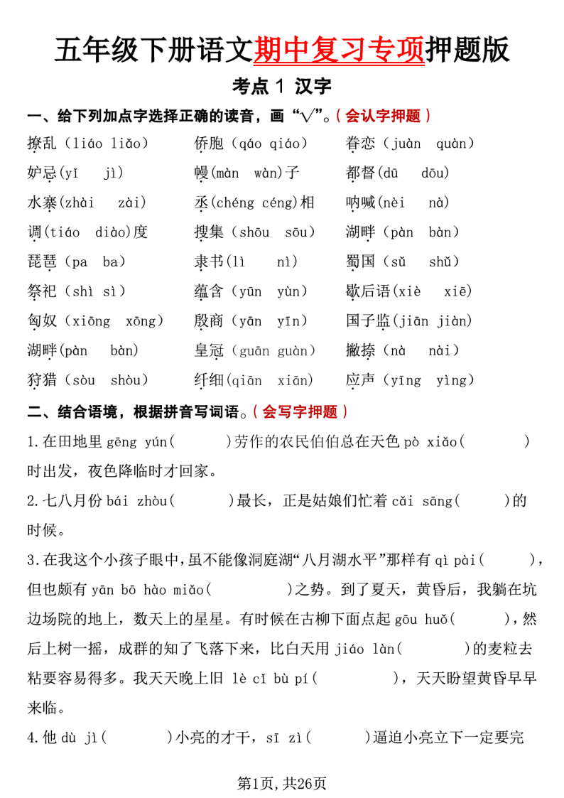 五年级（下）语文 期中复习专项押题版(1)-教学网