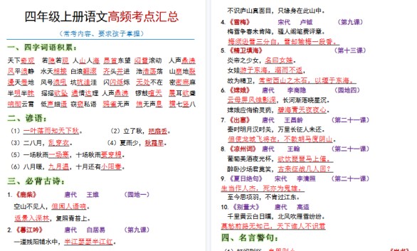 【19页高清完整版】全册高频考点归类（节选）】四上语文-免费学习资料下载 - 开学吧