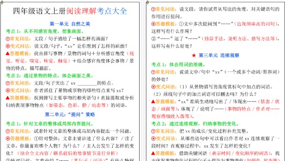 【5页高清完整版】四年级上册语文《1-8单元阅读理解考点大全》-免费学习资料下载 - 开学吧