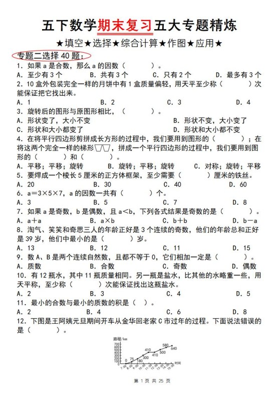 五下数学【期末复习五大专题精炼（专题二：选择）】-免费学习资料下载 - 开学吧