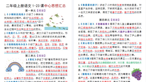 【8页高清完整版】二上语文1-23课中心思想-免费学习资料下载 - 开学吧