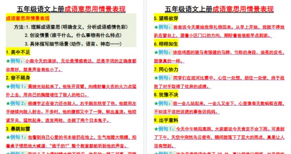 【9页高清完整版】五年级上册语文《成语意思用情景表现》-免费学习资料下载 - 开学吧