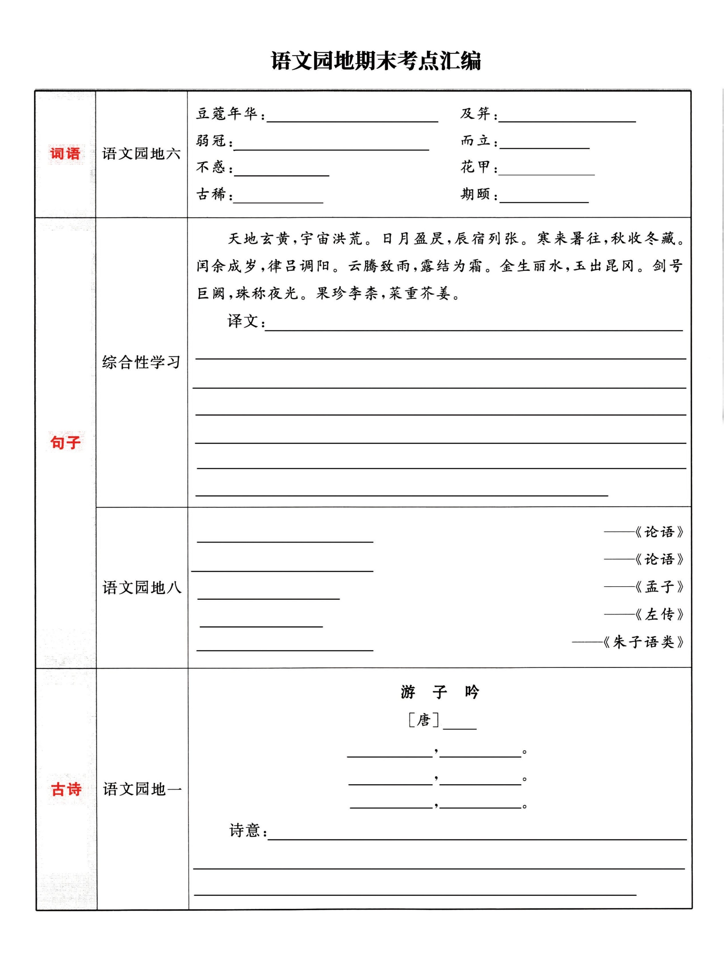 五下语文《语文园地》期末考点汇编，附配套习题和默写集训-免费学习资料下载 - 开学吧