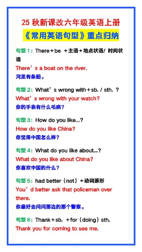 【2025秋新版】六年级英语上册《常用英语句型》重点归纳，提分必备!-免费学习资料下载 - 开学吧