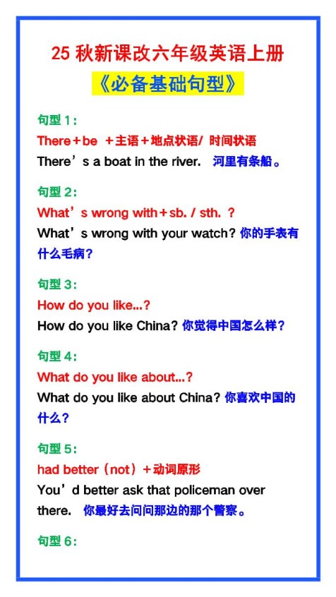 【2025秋新版】六年级英语上册《必备基础句型》，最全整理！-免费学习资料下载 - 开学吧