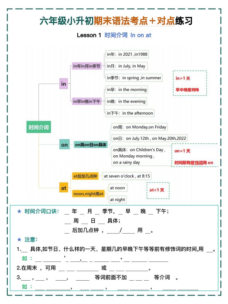 六年级小升初期末语法考点＋对点练习1-4【挖空】-小初高学习资料下载_真题试卷 - 开学吧资料库