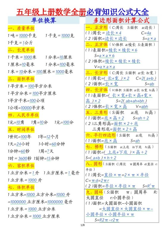五年级上册数学全册必背知识公式大全8页-免费学习资料下载 - 开学吧