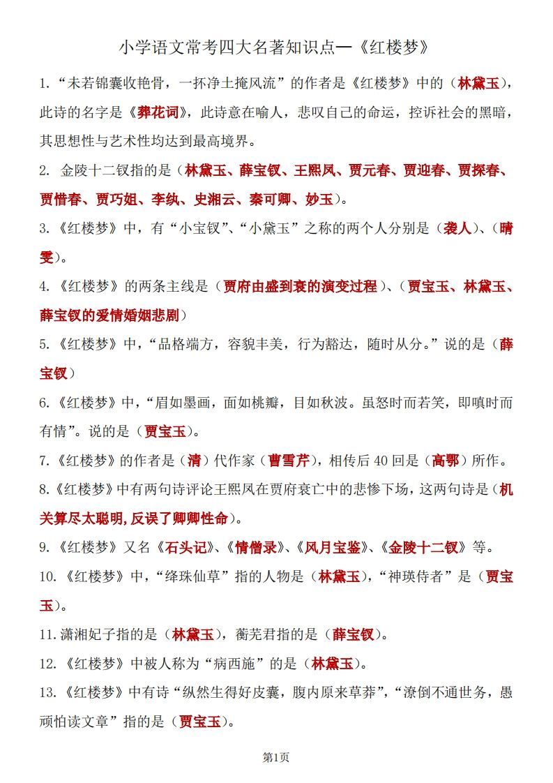 四大名著知识点汇总之《红楼梦》-小初高学习资料下载_真题试卷 - 开学吧资料库