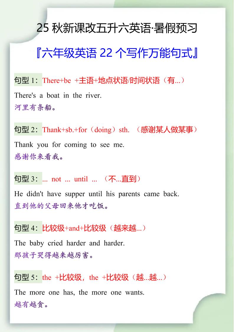 【2025秋新版】六年级英语22个写作万能句式-六上英语-小初高学习资料下载_真题试卷 - 开学吧资料库