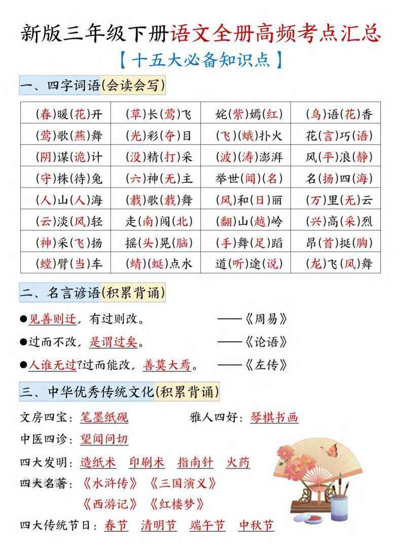 三年级下语文期末复习高频考点汇总（十五大必备知识点）-小初高学习资料下载_真题试卷 - 开学吧资料库