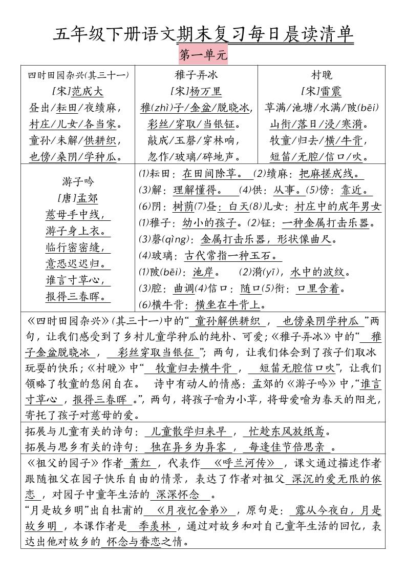 五下语文期末复习每日晨读清单-小初高学习资料下载_真题试卷 - 开学吧资料库