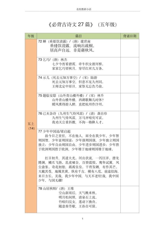 五年级古诗文背诵记录表-五上语文-免费学习资料下载 - 开学吧