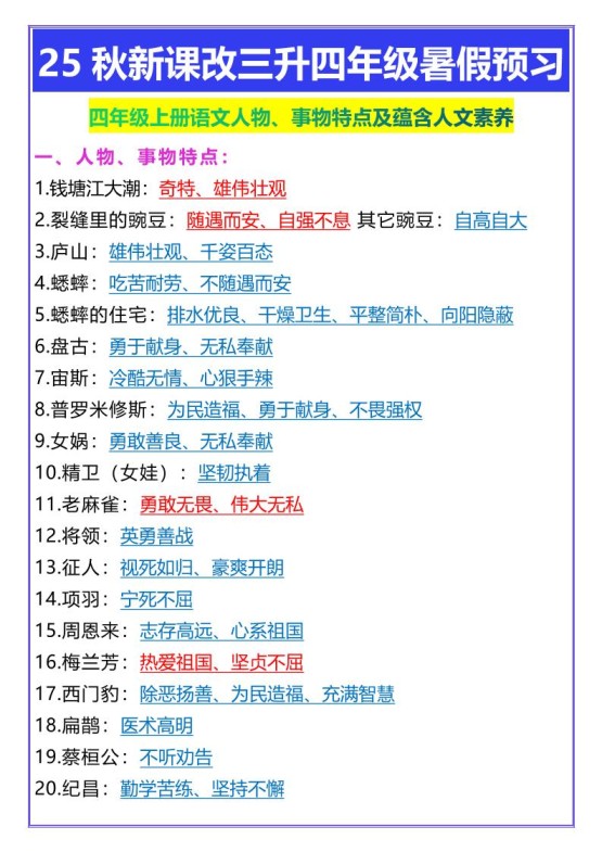 【2025秋新版】四年级上册语文人物、事物特点及蕴含人文素养-免费学习资料下载 - 开学吧