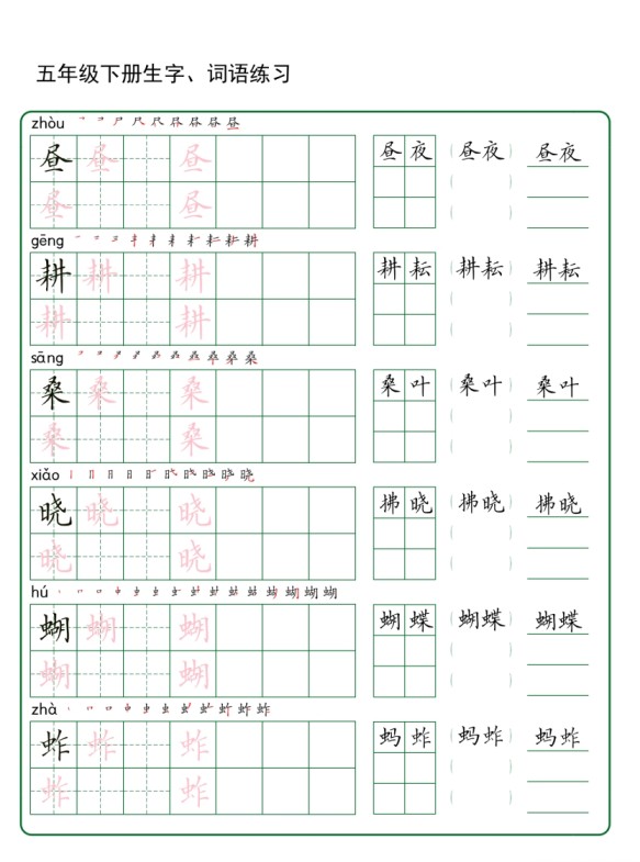 五年级下册语文生字词语练字(30页秋版)-免费学习资料下载 - 开学吧