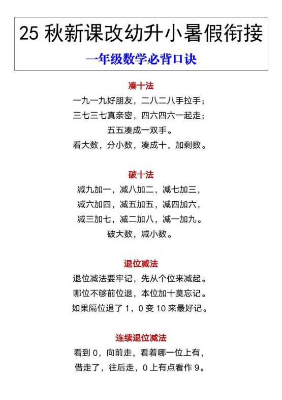 【2025秋新版】幼升小暑假衔接一年级数学必背口诀-一上数学-免费学习资料下载 - 开学吧