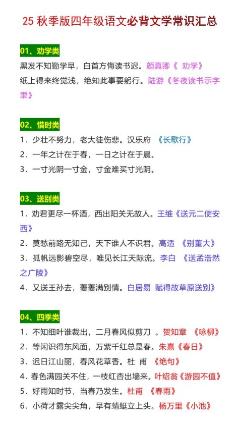 【2025秋新版】四年级语文上册必背文学常识汇总-免费学习资料下载 - 开学吧