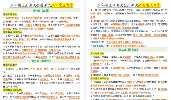 【20页高清完整版】【全册课文必背重点（重点句段填空、课文重点知识归纳）】五上语文-免费学习资料下载 - 开学吧