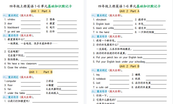 【7页高清完整版】四年级上册英语1-6单元基础知识默记卡(人教版)-免费学习资料下载 - 开学吧