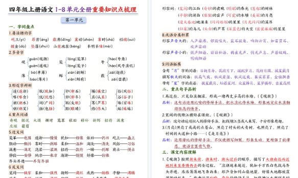 【24页高清完整版】四年级（上）语文1-8单元全册重要知识点梳理-免费学习资料下载 - 开学吧