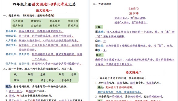 【15页高清完整版】四年级（上）语文园地1-8单元考点汇总-免费学习资料下载 - 开学吧