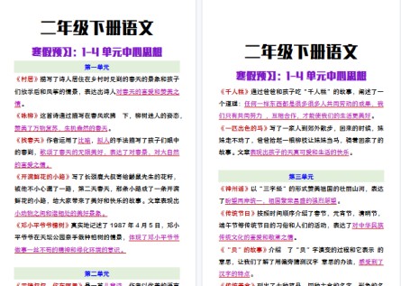 【2026寒假3页】二年级下册语文寒假预习：1-4单元中心思想-免费学习资料下载 - 开学吧