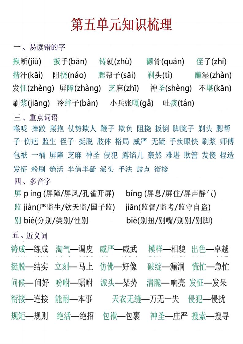 五年级下语文五单元知识梳理-小初高学习资料下载_真题试卷 - 开学吧资料库