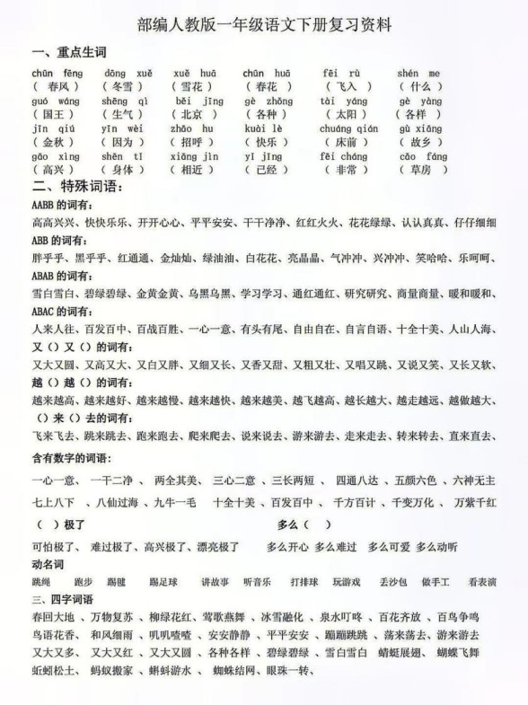 人教版一年级语文下册复习资料-免费学习资料下载 - 开学吧