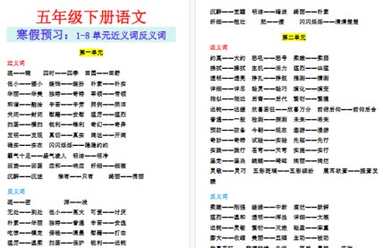 【2026寒假8页】五年级下册语文寒假预习:1-8单元近义词反义词-免费学习资料下载 - 开学吧