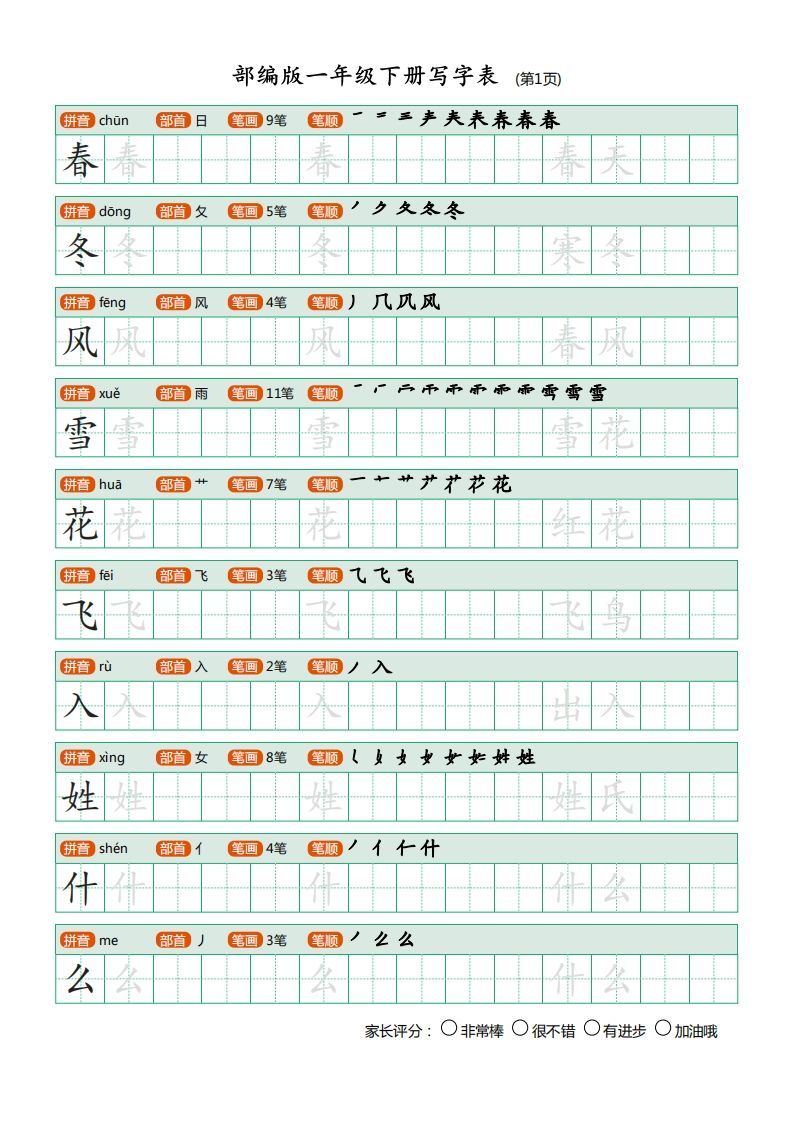 一年级语文下册写字表(笔顺)（20页）PDF（部编版）-小初高学习资料下载_真题试卷 - 开学吧资料库