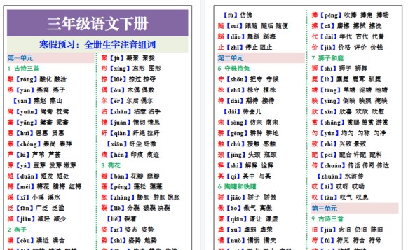 【2026寒假7页】三年级语文下册寒假预习：全册生字注音组词-免费学习资料下载 - 开学吧