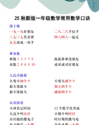 【2025秋新版】一年级数学常用数学口诀-免费学习资料下载 - 开学吧