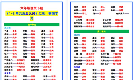 【2026寒假5页】六年级语文下册《1-8单元近反义词》汇总,寒假学习!-免费学习资料下载 - 开学吧