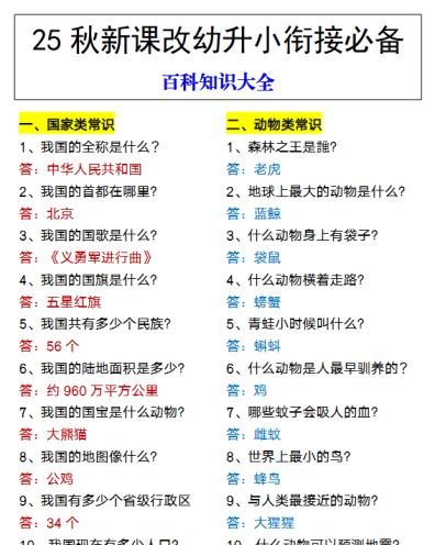 【2025秋新版】幼升小衔接必备 百科知识大全-免费学习资料下载 - 开学吧